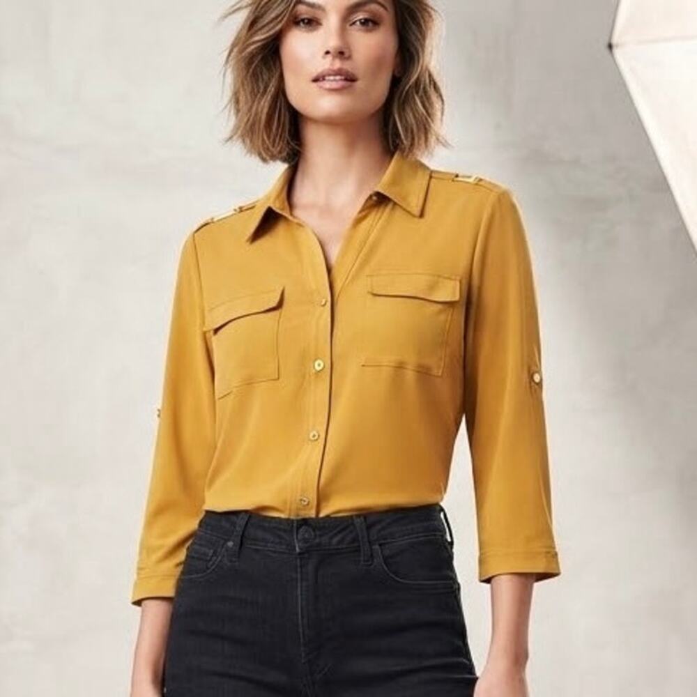 NWT Grace Mustard Yellow Button-Down Shirt Top Blouse Roll-Tab Sleeves Size L